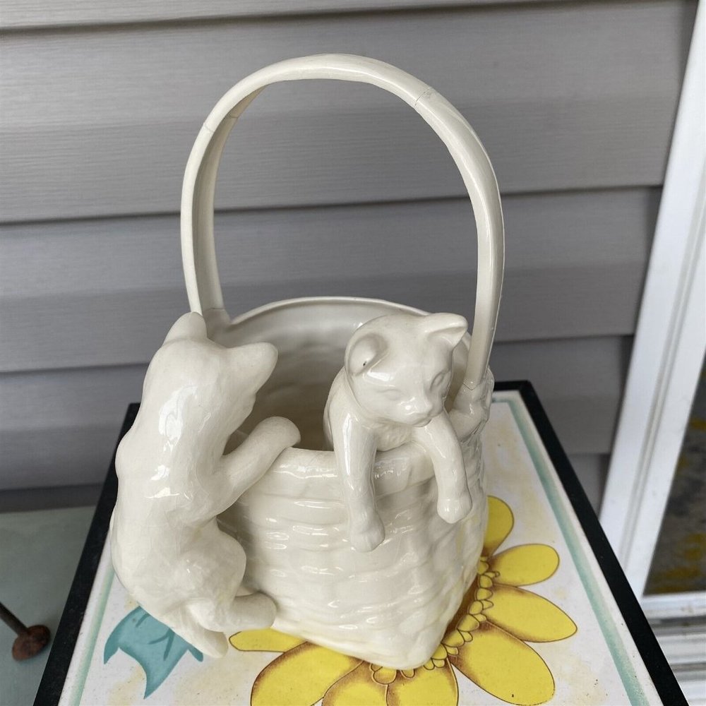 Vintage Ceramic Basket Planter Vase Handled with 2 Kittens Cats Hanging Repaired